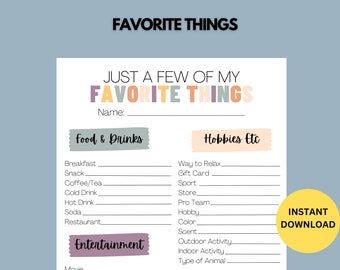 Favorites Survey, Printable, Questionnaire, My Favorite Things, Get to Know Me, Teachers Favorite Survey, Appreciation Survey, Fillable PDF