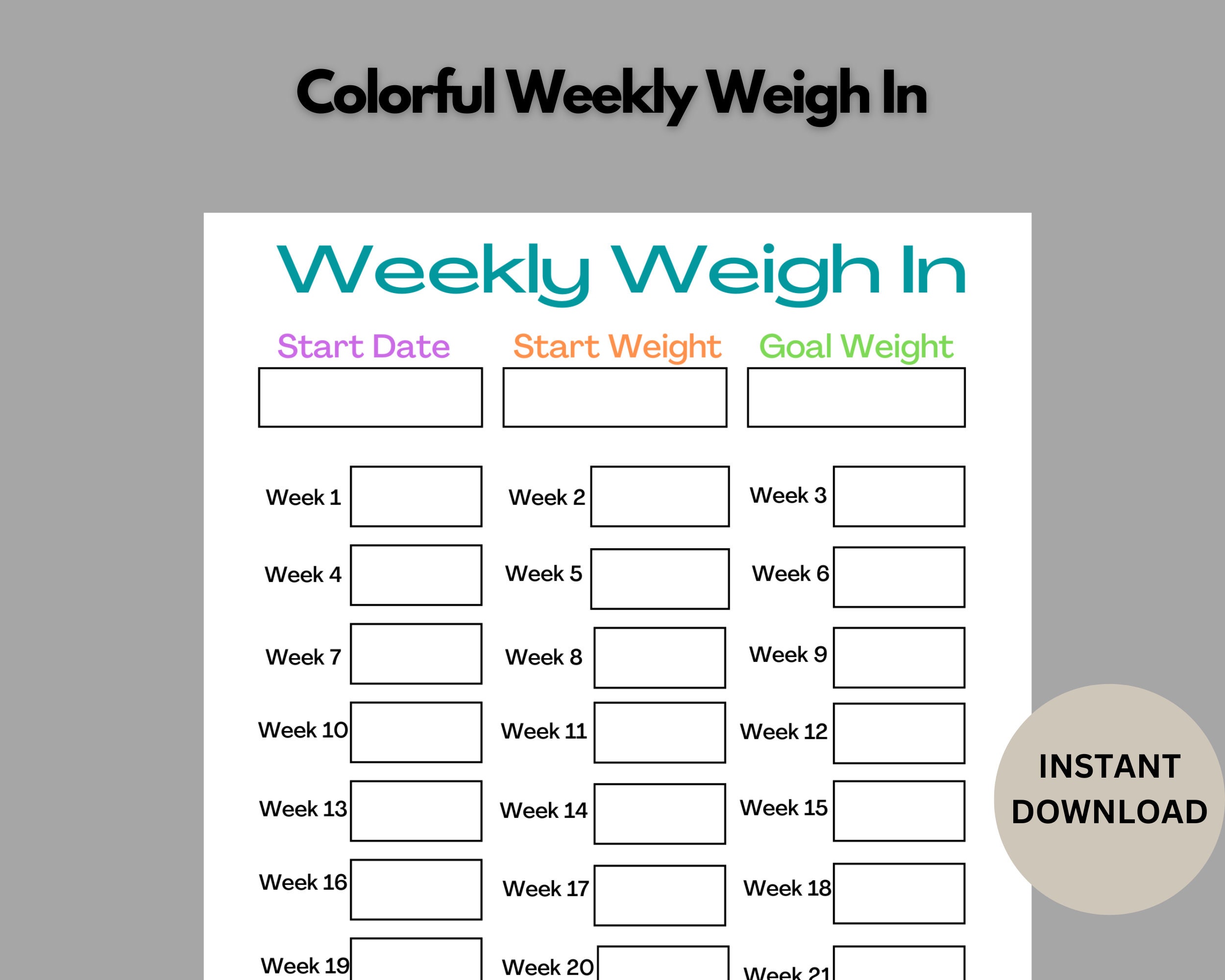 Weekly Weigh in Printable Colorful Weekly Weight Loss Tracker Six Month Weekly Weigh in Printable Colorful Weekly Weight Loss Tracker Six Month