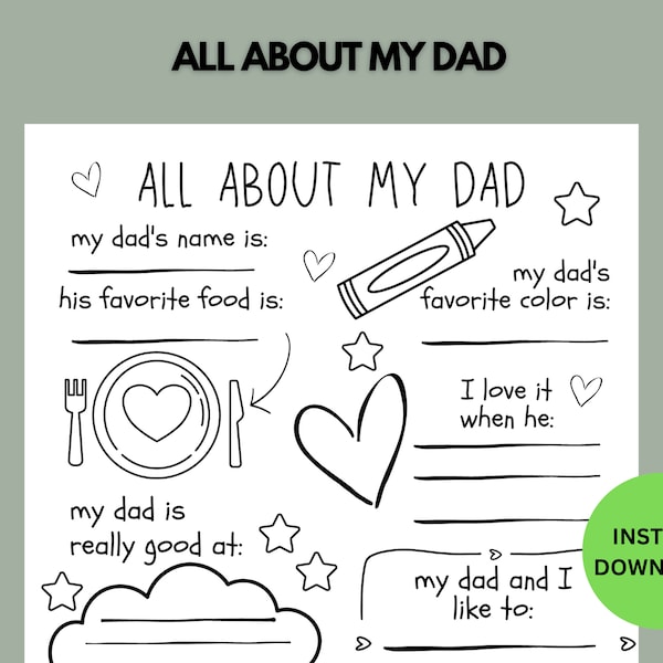 All About My Dad Survey Printable, Father's Day Questionnaire, Fathers Day Gift Ideas For Preschool Kids, Personalized Keepsake Gift For Dad