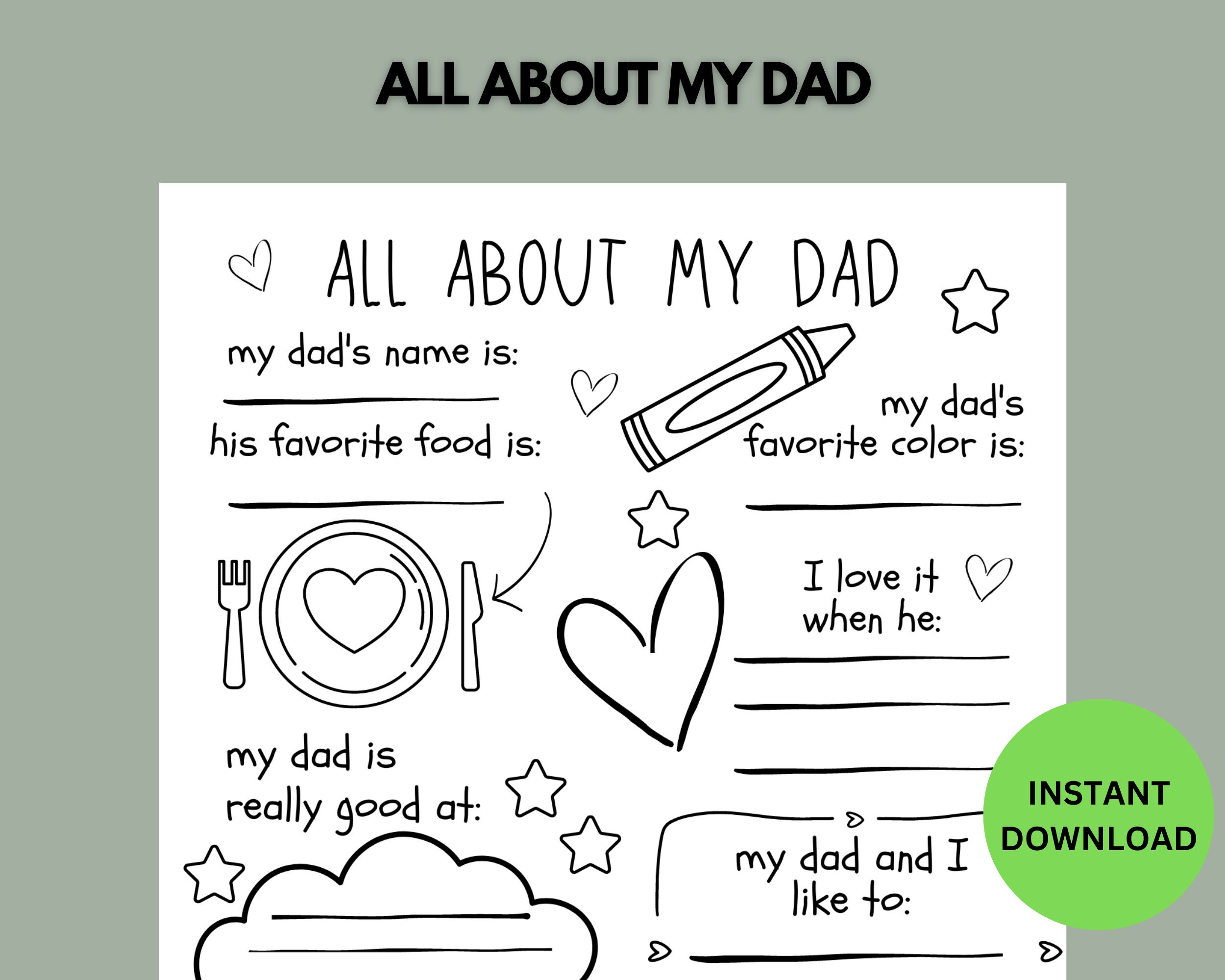 All About My Dad Survey Printable, Father&#39;s Day Questionnaire, Fathers Day Gift Ideas For Preschool Kids, Personalized Keepsake Gift For Dad