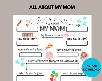 All About My Mom Survey Printable, Mother's Day Questionnaire, Mothers Day Gift Ideas For Preschool Kids, Personalized Keepsake Gift For Mom