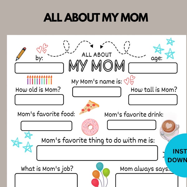 All About My Mom Survey Printable, Mother's Day Questionnaire, Mothers Day Gift Ideas For Preschool Kids, Personalized Keepsake Gift For Mom