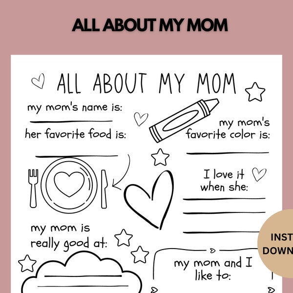 All About My Mom Survey Printable, Mothers Day Questionnaire, Mothers Day Gift Ideas For Preschool Kids, Personalized Keepsake Gift For Mom