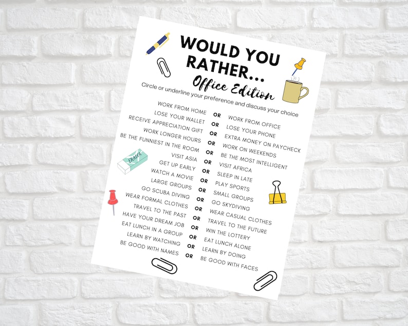 Would You Rather Game Printable Office Edition Office Icebreaker Game Work or Office Party
