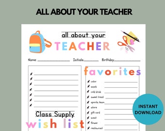 Teacher Survey | All about the Teacher | Back to School Activity | Instant Download | Kids Activity | PDF