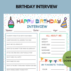 Printable Kids Birthday Interview | School Activity | Annual Interview | Birthday Keepsake | Instant Download |