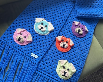 Handmade Crochet Dog Scarf- Granny Stitch Scarf with Colorful dog Faces – Cozy Winter Scarf with Fringe –Dog Lover Gift