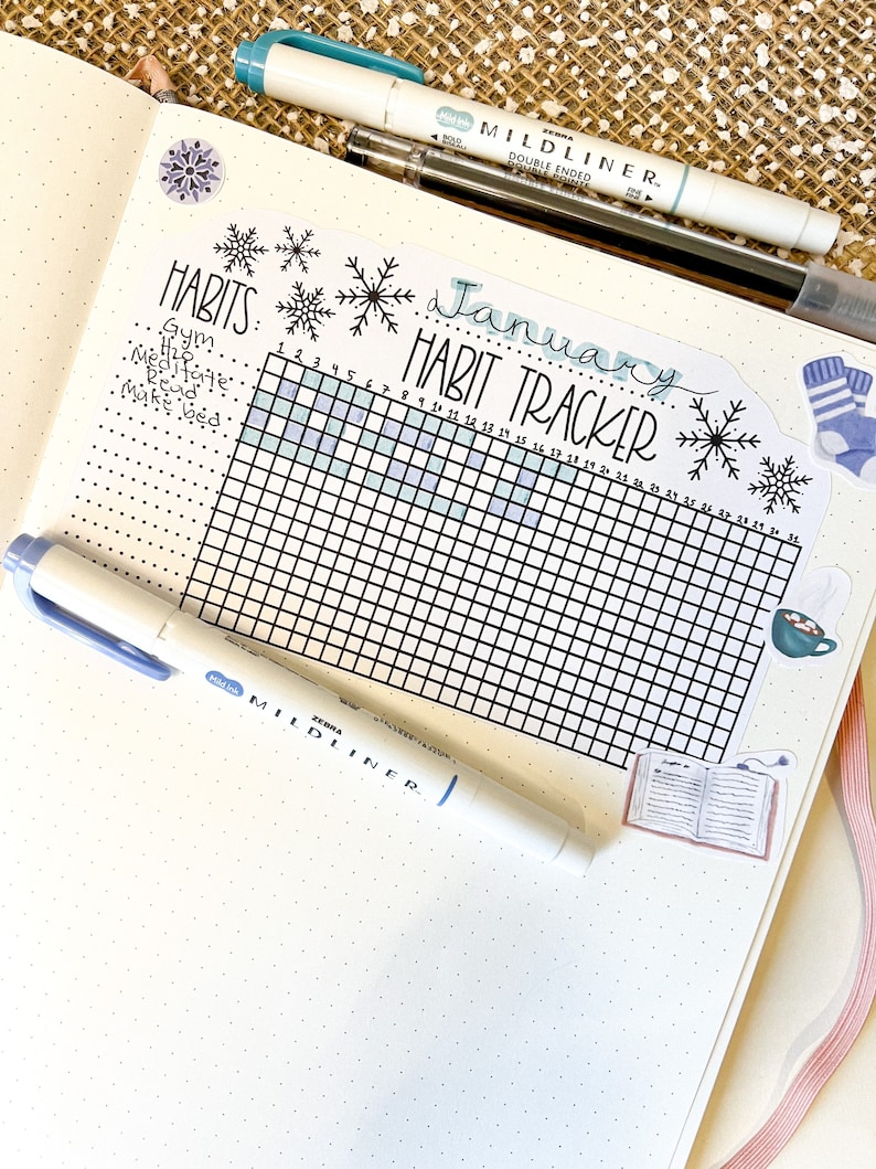May include: A habit tracker for the month of January with a grid of 31 squares. The grid is labeled with the numbers 1 through 31. The tracker is decorated with snowflakes and the words "January Habit Tracker".