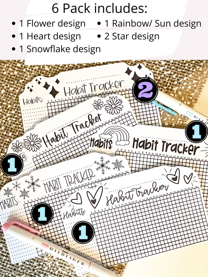 May include: A set of six printable habit tracker sheets with different designs. The designs include a flower, rainbow, heart, and snowflake. The sheets are labeled "Habit Tracker" and have a grid for tracking habits.