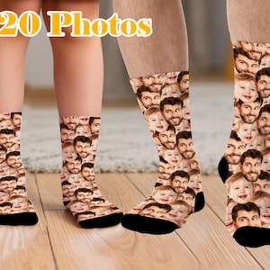 May include: Socks with a repeating pattern of faces. The socks are black at the toe and heel. The text "1-20 Photos" is at the top of the image. The socks are on the feet of a person standing on a wooden floor.