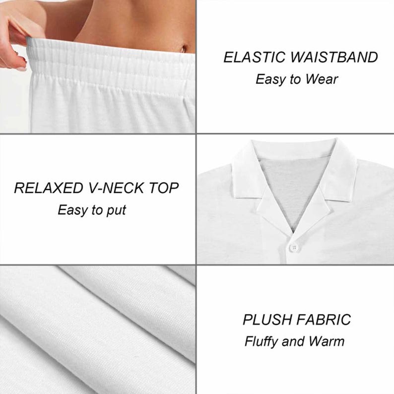 K&ouml;nnte beinhalten: Wei&szlig;es Pyjama-Set mit elastischem Bund und lockerem V-Ausschnitt-Oberteil. Das Set ist aus Pl&uuml;schstoff gefertigt. Text auf dem Bild lautet: "ELASTIC WAISTBAND Easy to Wear", "RELAXED V-NECK TOP Easy to put" und "PLUSH FABRIC Fluffy and Warm".