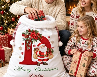 Personalized Fleece Christmas Bag with Name, Custom Plush Large Santa Sack, Xmas Stocking Sack