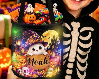 Custom LED Halloween Basket, Personalized Trick-or-Treat Bag (6 Designs)