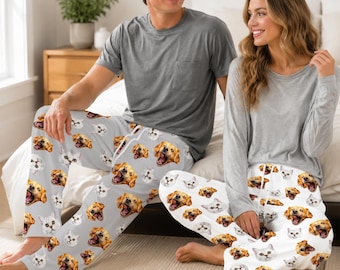 Custom Dog/Cat Portrait Sleepwear, Personalized Pet Face Drawstring Pajama Pants, Lovers Pajamas