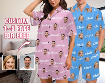 Custom Face Pajama Set Funny Personalized Photo Pajama Set Women Men Summer Short Sleeve Pajamas Photo Gifts Birthday Bachelorette Gifts