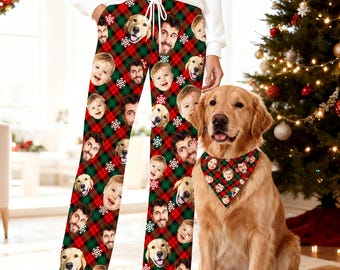 Personalized Christmas Photo Pajama Pants Set: Matching Family & Pet Bandana