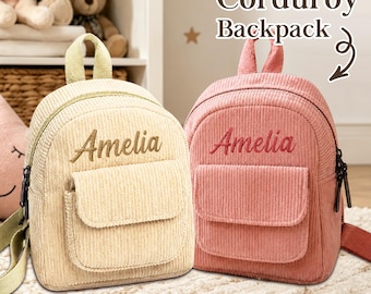 Custom Toddler Embroidered Name Backpack, Personalized Corduroy Backpack For Her