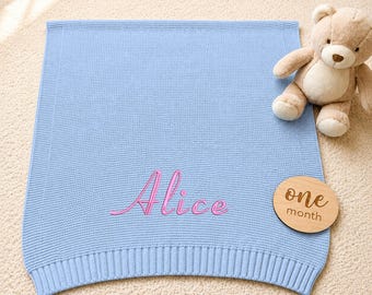 Personalized Knit Baby Blanket: Hand-Embroidered Cotton Swaddle, Baby Gift