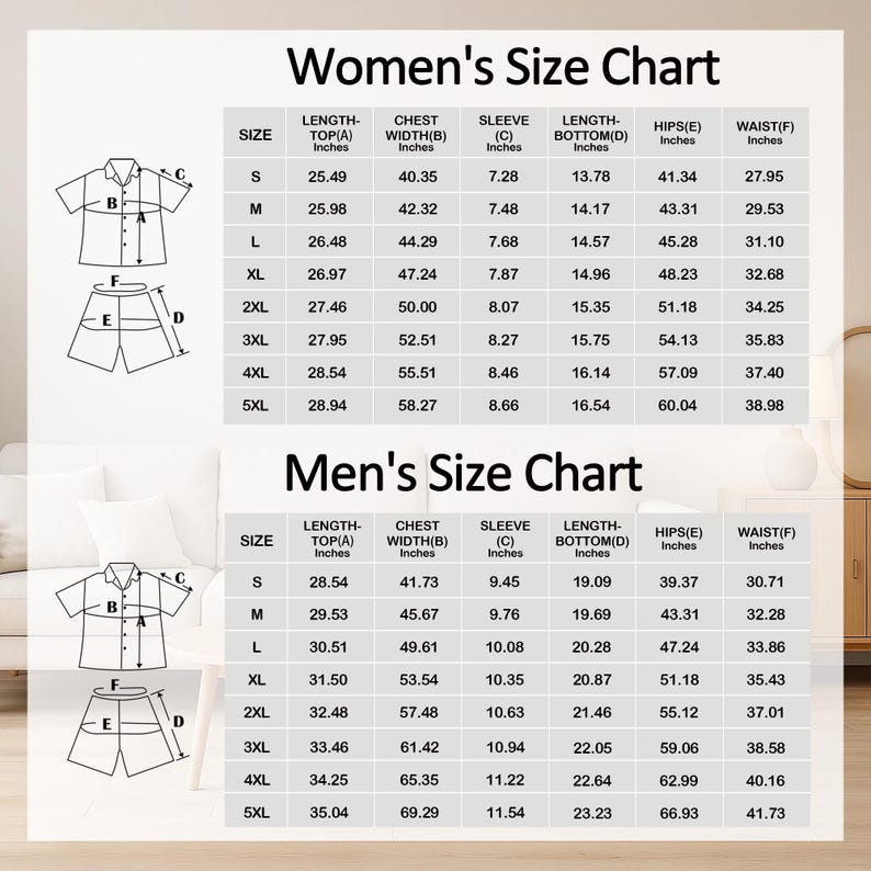 K&ouml;nnte beinhalten: Gr&ouml;&szlig;entabellen f&uuml;r Damen- und Herrenbekleidung mit Ma&szlig;en in Zoll f&uuml;r L&auml;nge, Brustweite, &Auml;rmel, H&uuml;fte und Taille. Enth&auml;lt Diagramme von Hemden und Shorts mit Messpunkten. Die Tabellen sind auf wei&szlig;em Hintergrund.