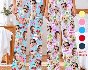 Personalized Mahjong Photo Print Pajama Pants, Custom Monogram Pajama Bottoms, Christmas gift