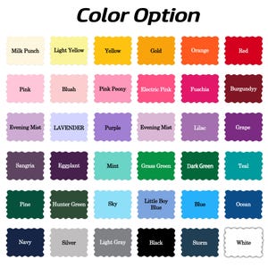 K&ouml;nnte beinhalten: Eine Farbkarte mit einer Vielzahl von Optionen, darunter Milk Punch, Lavender und Black. Jede Farbe wird in einem quadratischen Feld mit gezackten Kanten und dem Farbnamen darunter angezeigt. Der Text "Color Option" steht oben.