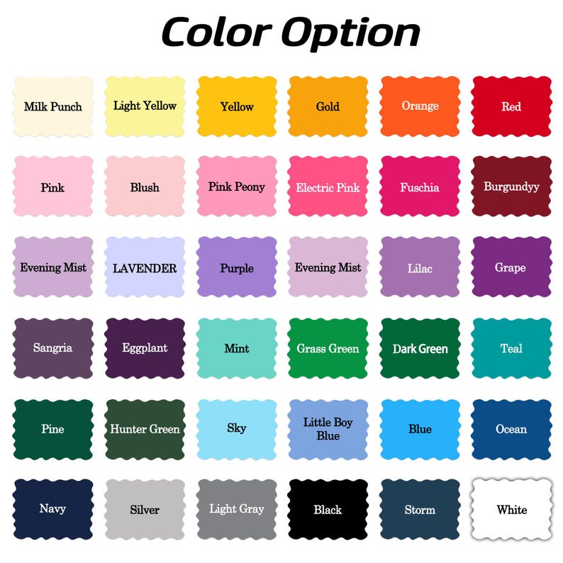 K&ouml;nnte beinhalten: Eine Farbkarte mit einer Vielzahl von Optionen, darunter Milk Punch, Lavender und Black. Jede Farbe wird in einem quadratischen Feld mit gezackten Kanten und dem Farbnamen darunter angezeigt. Der Text "Color Option" steht oben.