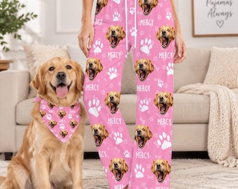 Custom Pet Photo Pajama Pants, Personalized Dog Cat Face PJs (Matching Set)
