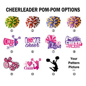 K&ouml;nnte beinhalten: Bild mit verschiedenen Cheerleader-Pom-Pom-Optionen. Das Bild zeigt Pom-Poms in verschiedenen Farbkombinationen sowie Cheerleading-Grafiken und Text wie "Cheer Squad" und "Love Cheer".