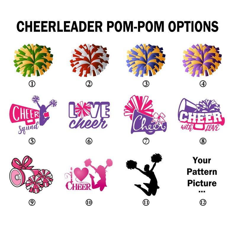 K&ouml;nnte beinhalten: Bild mit verschiedenen Cheerleader-Pom-Pom-Optionen. Das Bild zeigt Pom-Poms in verschiedenen Farbkombinationen sowie Cheerleading-Grafiken und Text wie "Cheer Squad" und "Love Cheer".