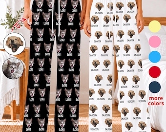 Custom Dog Face Pajama Pants with Name: Pet Festival Pajamas, Pet Lovers Pjs