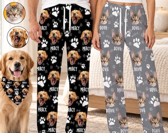 Custom Pet Face Name Pajama Pants, Personalized Dog Paw Pajamas, Thanksgiving Christmas Pjs