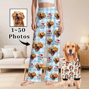 May include: Light blue and white plaid pajama pants with a repeating pattern of a golden retriever's face and the text "I woof you." A matching dog shirt features a collage of faces. The image also includes a framed photo and the text "1~50 Photos."