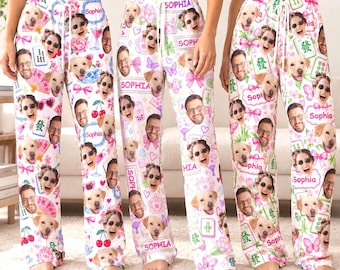 Personalized Mahjong Photo Pajama Pants, Custom Mahjong Lover Holiday Sleepwear