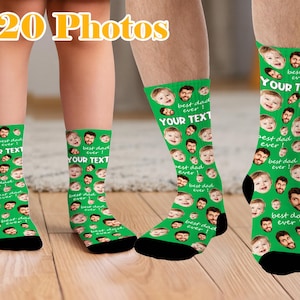 May include: Green socks with a black toe and heel, personalized with faces and the text "best dad ever!" and "YOUR TEXT". The socks feature a repeating pattern of faces.