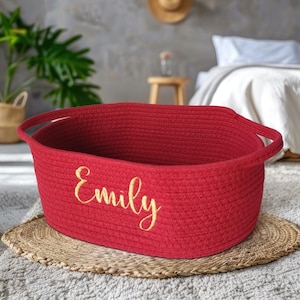 Personalisierter handgemachter Korb • Baby-Geschenk Ostern • Geschenkkorb für Babyparty • I-Cord-Strickhandwerk • Spielzeug-Organizer • Namenskorb aus Baumwollseil