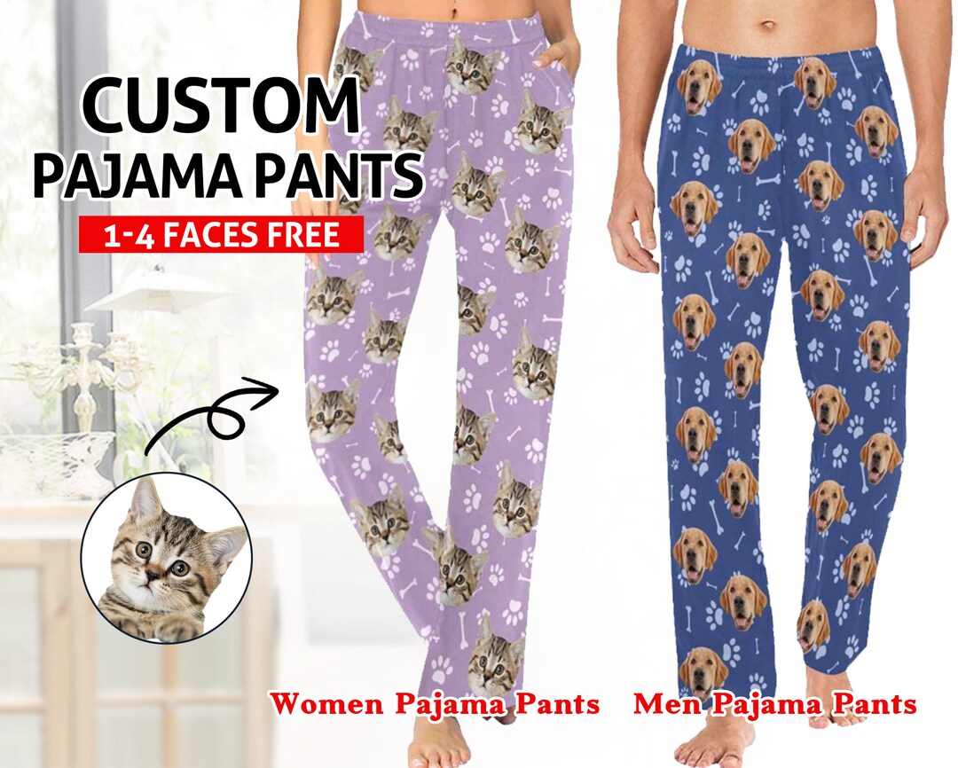 Custom Photo Pajama Pants, Dog Cat Pajama Pants, Personalized Pet Face ...