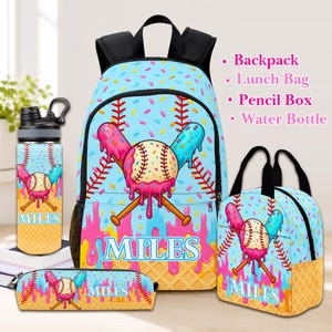 May include: A light blue backpack, lunch bag, pencil box, and water bottle set featuring a baseball and bat graphic with pink and blue melting ice cream patterns, waffle cone textures, and the name MILES printed in white on each item.
