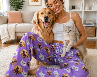 Custom Dog/Cat Photo Pajama Pants, Personalized Pet Face Lounge Pants, Thanksgiving Gift