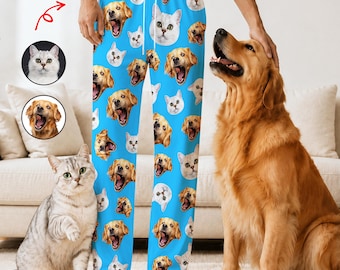 Custom Pet Face Drawstring Pajama Pants, Personalized Dog/Cat Portrait Sleepwear, Pet Festival Pajamas