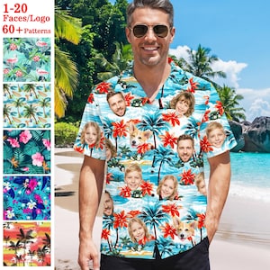 May include: A short-sleeve button-down shirt featuring a tropical pattern of palm trees and red flowers, customized with repeating photographic portraits of various faces and dogs interspersed throughout the light blue and white background.