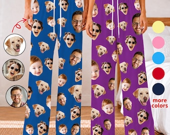 Custom Photo Drawstring Pajama Pants, Mutiple Faces on Pajamas, Couple Pajamas