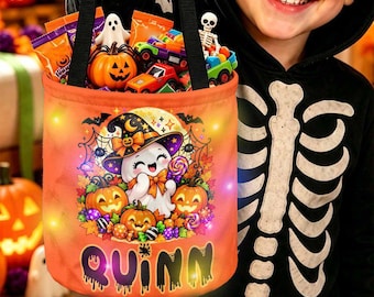 Personalized LED Halloween Basket, Custom Name Trick-or-Treat Candy Bucket