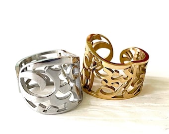 Persian Calligraphy Ring: Adjustable Farvahar Love Ring, 24k Gold/Silver Plated