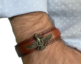 Persain Jewelry, Adjustable Bracelet, Faravahar Farvahar Forouhar Ahura Mazda Zoroastrian Bracelet, Soft Natural Leather, Persian Art Gift!