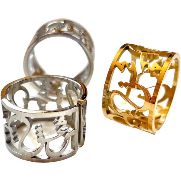Anillo de amor con caligrafía persa, ajustable, chapado en oro y plata, regalo de arte eshgh