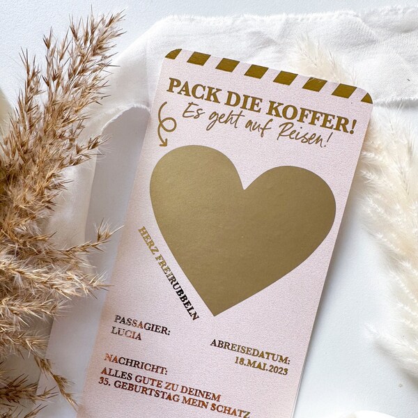 Reisegutschein Boarding Pass Personalisierbar ROSÉ GOLD PERLMUTT | Rubbelkarte | Geschenk für Reiseliebhaber | Überraschung | Bordkarte