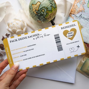 Vale-viagem Presente personalizado + envelope • Cartão de embarque • Bilhete de avião • Vale-viagem • Cartão de aniversário • Vale-viagem