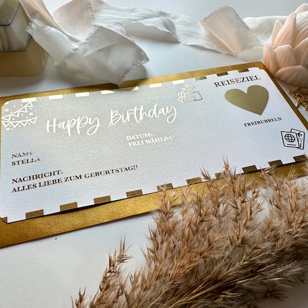 Reisegutschein Happy Birthday Personalisierbar PERLMUTT | Rubbelkarte | Geschenk für Reiseliebhaber | Überraschung | Bordkarte | Handmade