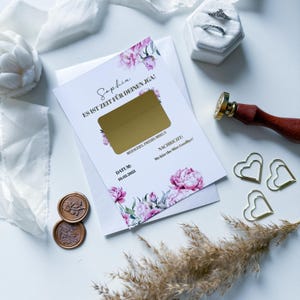 Bon JGA – Offrez un bon de voyage • Carte à gratter A6 Pivoine Magique • Cadeau JGA pour la future mariée • Bon de voyage