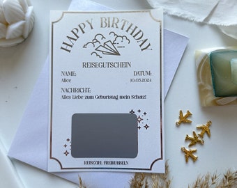 Reisegutschein Happy Birthday Ticket Personalisierbar PERLMUTT inkl. Umschlag | Rubbelkarte | Geschenk Reiseliebhaber | Bordkarte